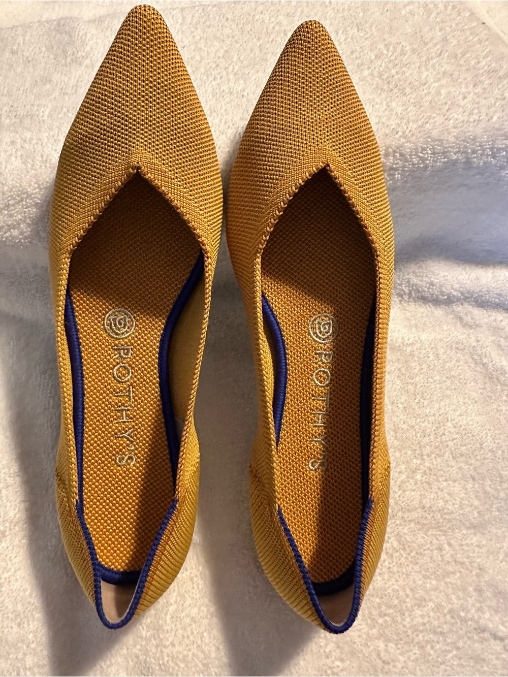 Rothy's Mustard Yellow Pointed Toe Flats with Blue Trim